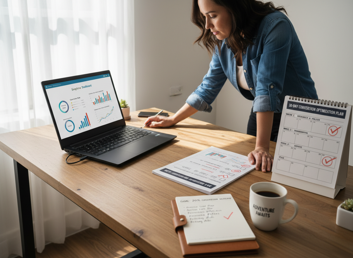 30-day action plan workspace showing week-by-week goals for travel agency optimization with checkboxes, progress indicators, and milestone celebrations