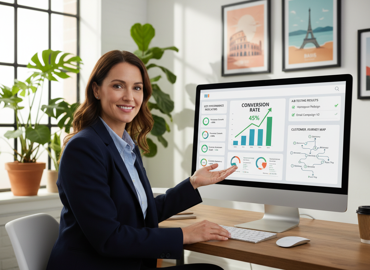 Travel agency analytics dashboard showing key performance metrics including conversion rate, average response time, revenue per enquiry, booking value trends, and agent performance charts