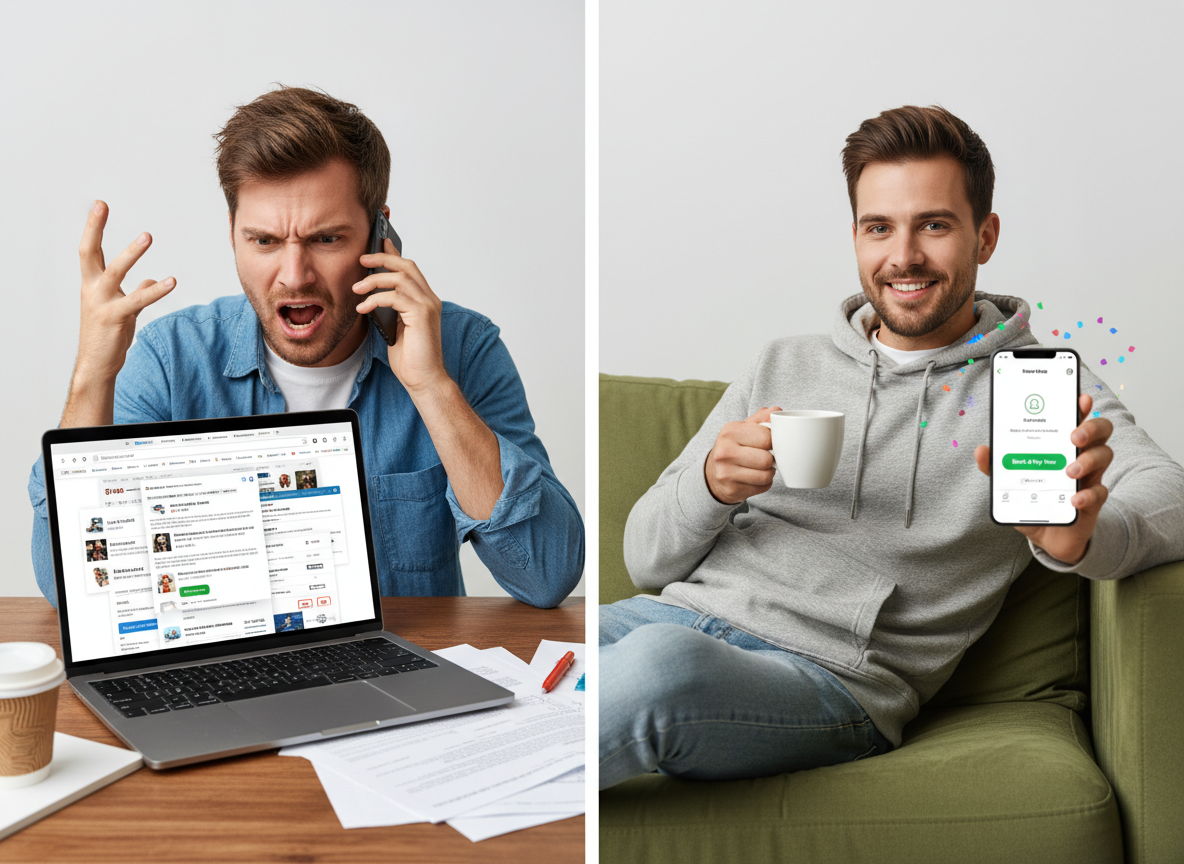 Side-by-side comparison of booking experiences - left shows frustrating process with forms, phone calls, and bank transfers; right shows seamless mobile booking with one-tap payment and instant confirmation