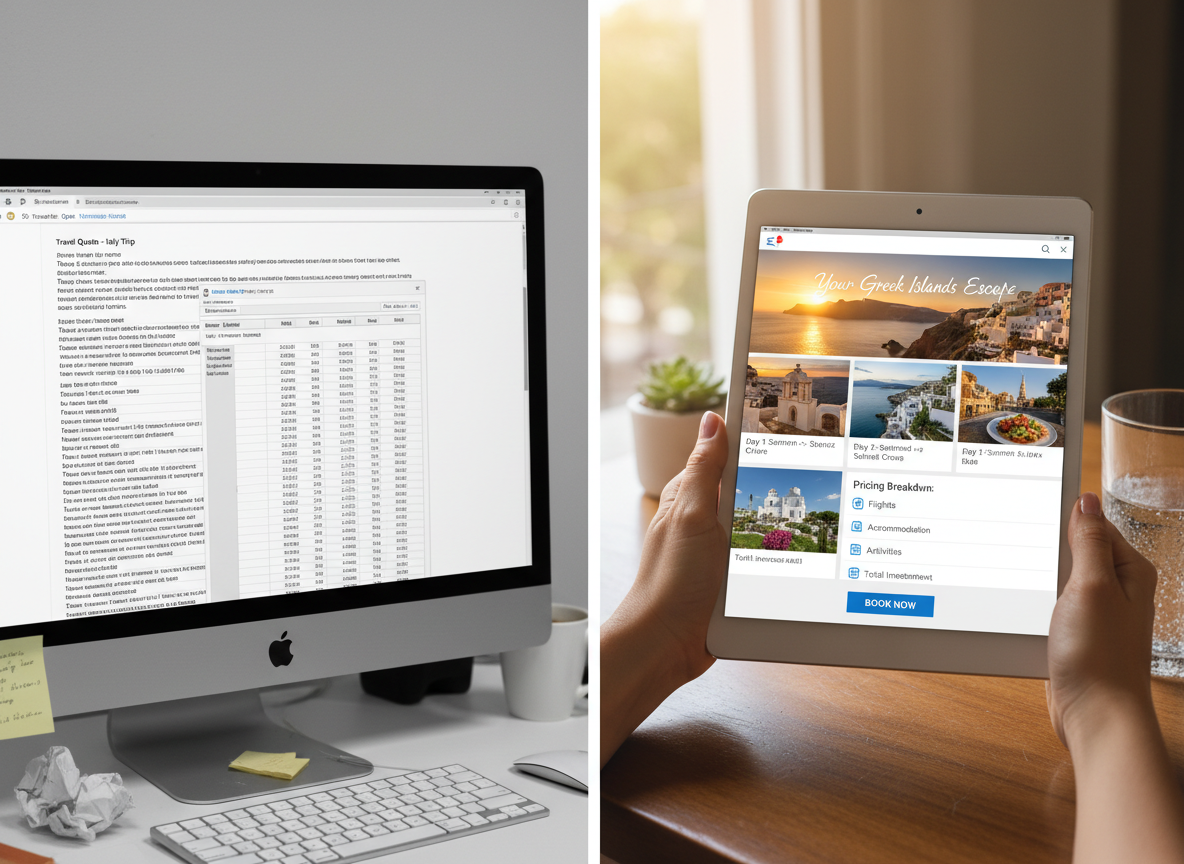 Before and after comparison of travel proposals - left side shows a plain text email quote, right side shows a stunning visual proposal with destination photos, clear pricing, and professional branding