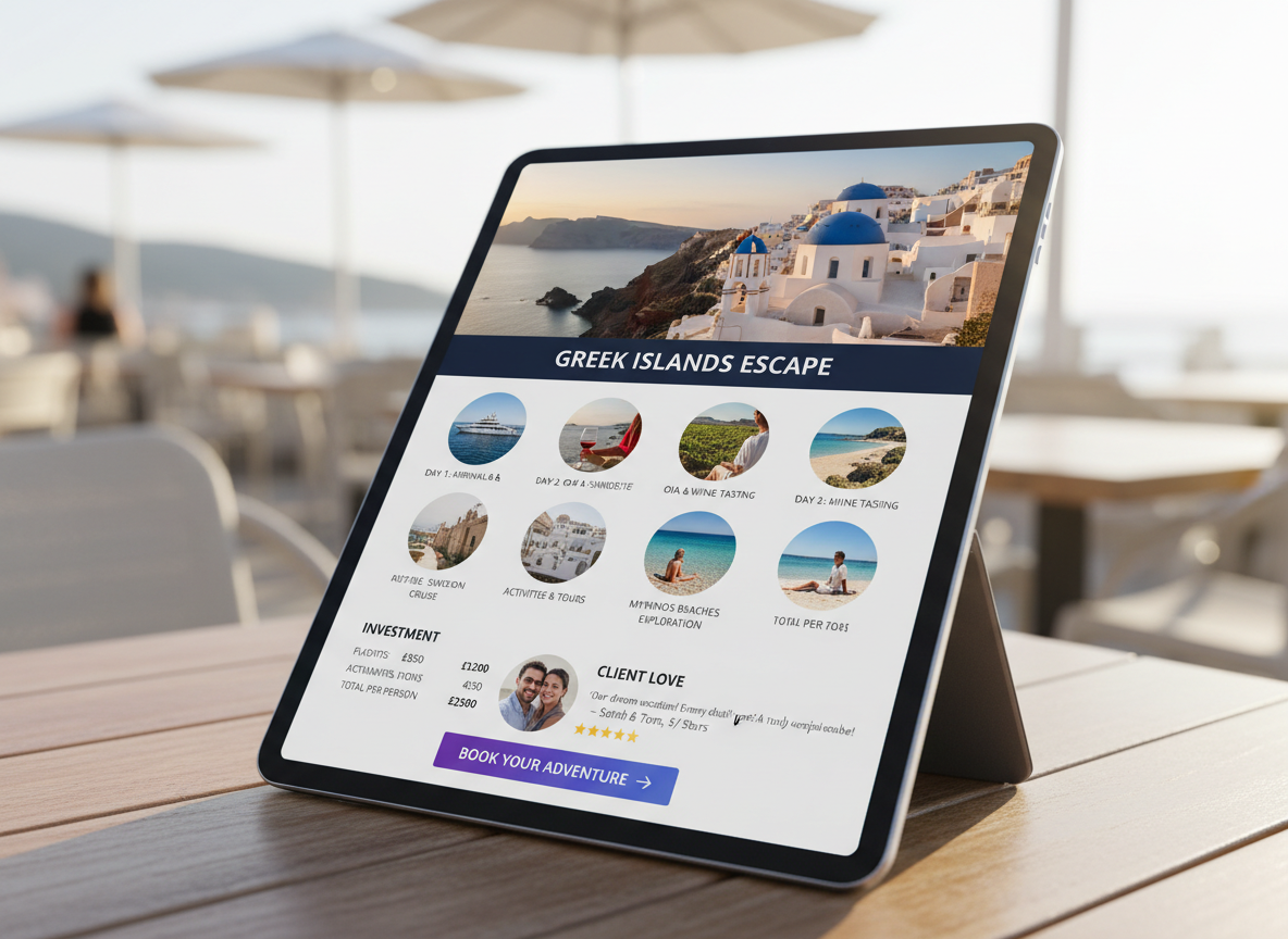 High-converting travel proposal template showing hero image section, day-by-day itinerary with photos, transparent pricing breakdown, client testimonials, and prominent Book Now call-to-action button