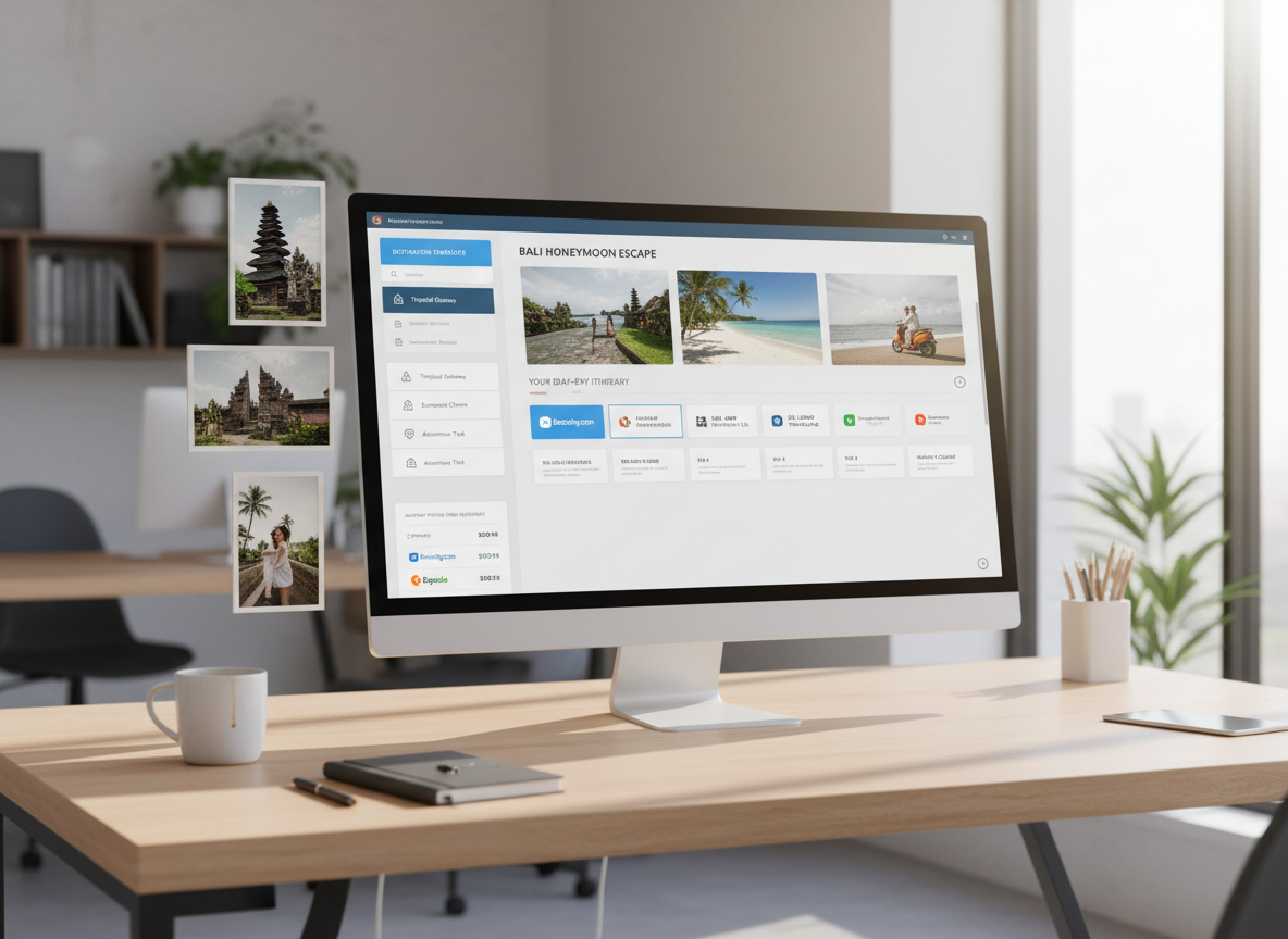 SimpTrav quote builder workspace showing drag-and-drop itinerary creation with destination images, pricing calculator, and day-by-day trip planning interface