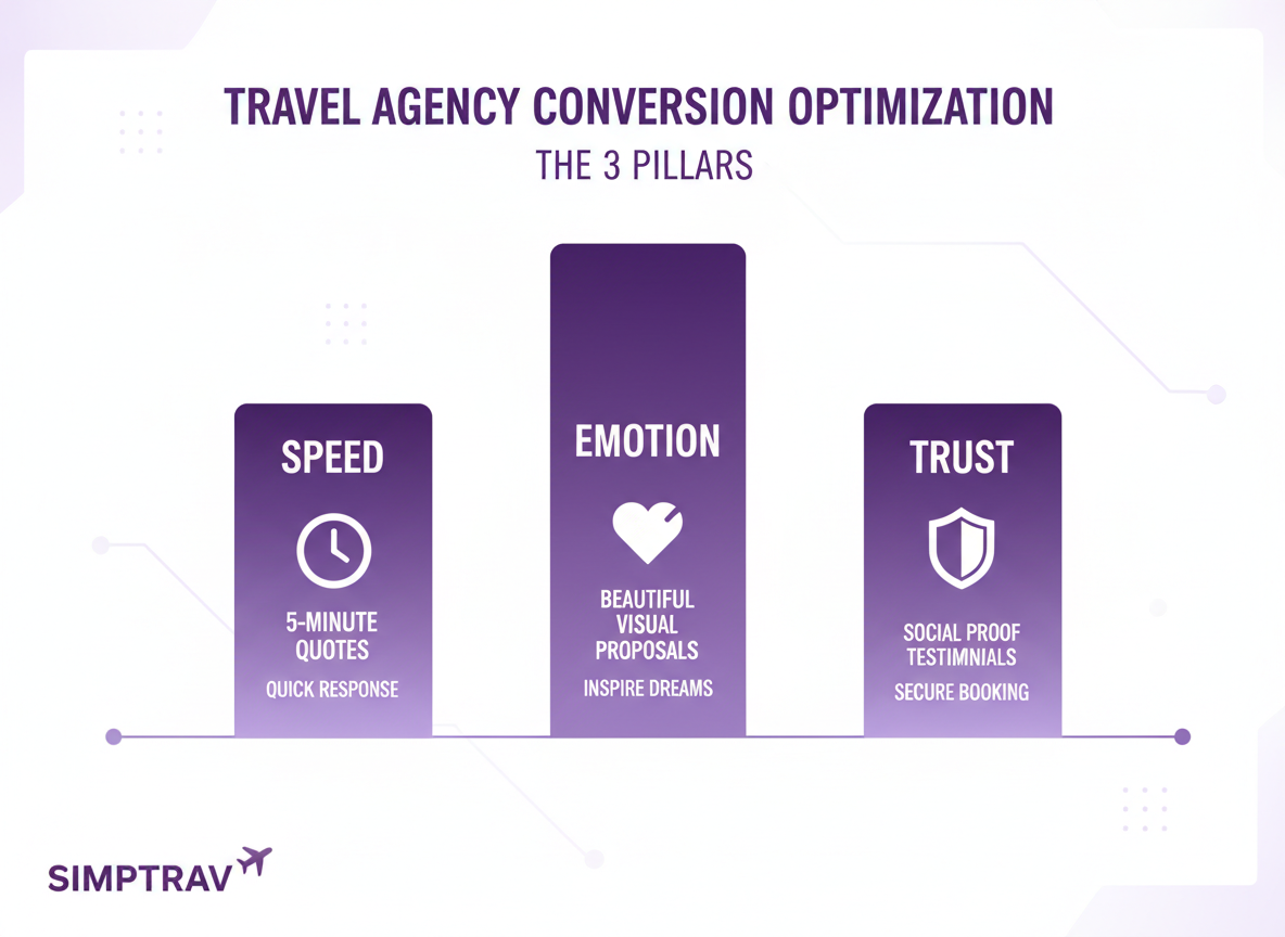 Infographic showing the three pillars of travel agency success: Speed (respond in 5 minutes), Presentation (visual proposals that convert), and Trust (social proof and seamless booking)