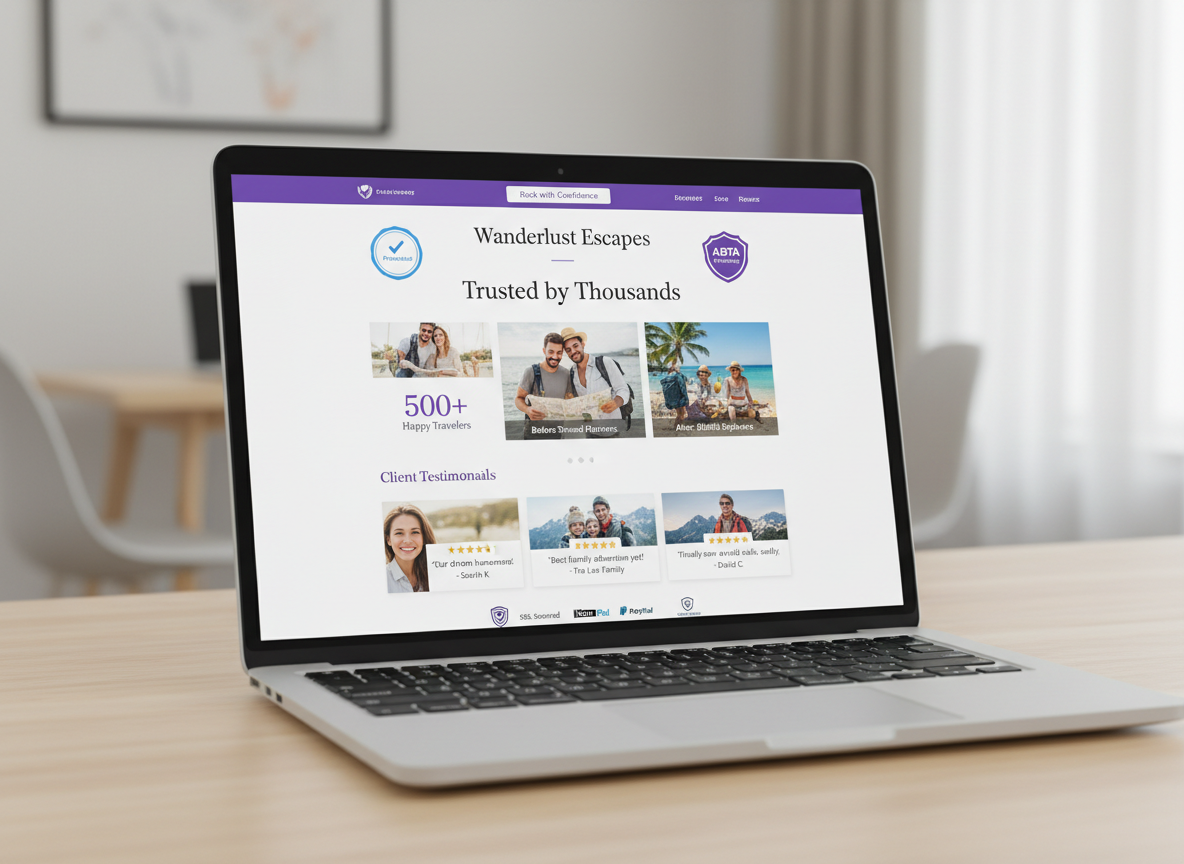 Examples of trust signals for travel agencies including ABTA and ATOL badges, 5-star Google reviews, client testimonials with photos, and secure payment icons