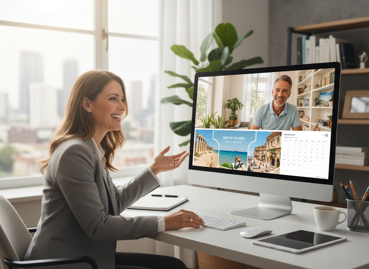 Side-by-side comparison of a travel agent's daily schedule before automation (fragmented with admin tasks) and after automation (focused blocks for client work)