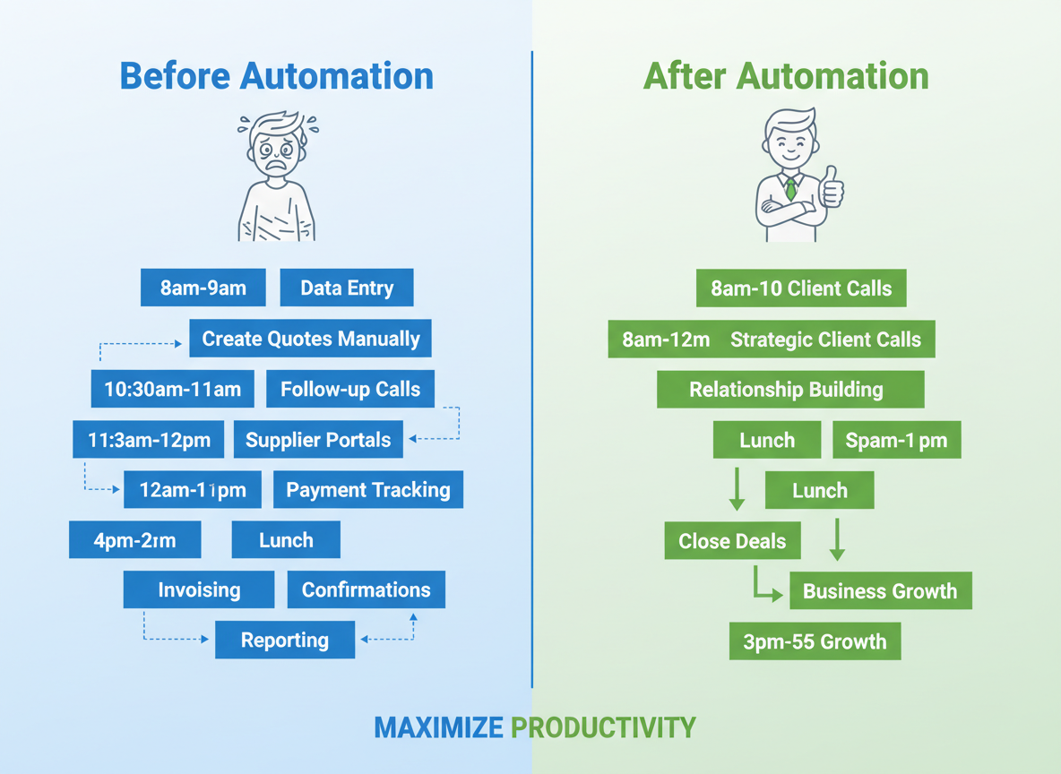 Travel agent having meaningful in-person conversation with happy clients, building genuine relationships instead of being buried in administrative work