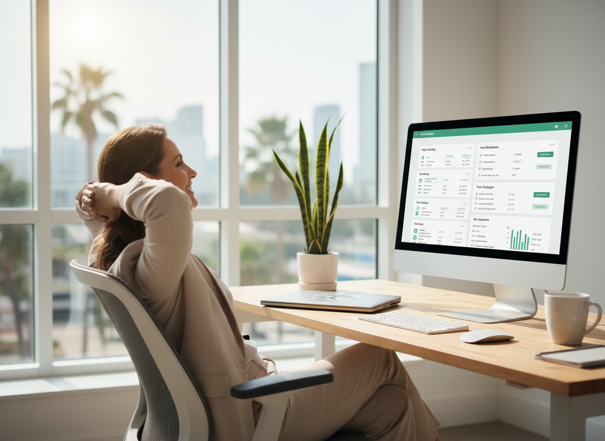 Relaxed and happy travel agent working efficiently at clean desk with automated systems handling routine tasks in the background