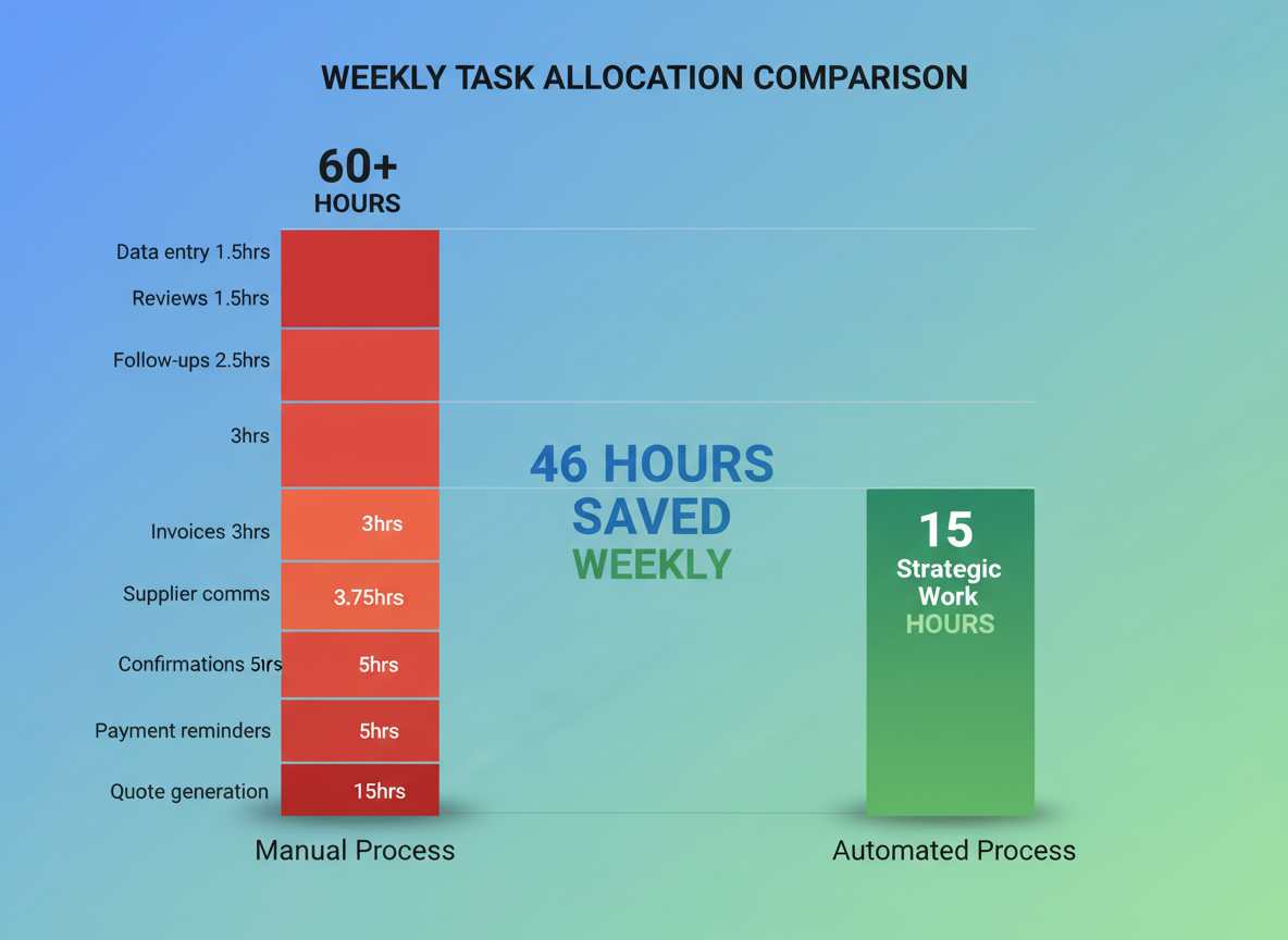 Bar chart comparing time spent on manual tasks versus automated tasks across 10 common travel agency activities, showing 15-20 hours weekly savings