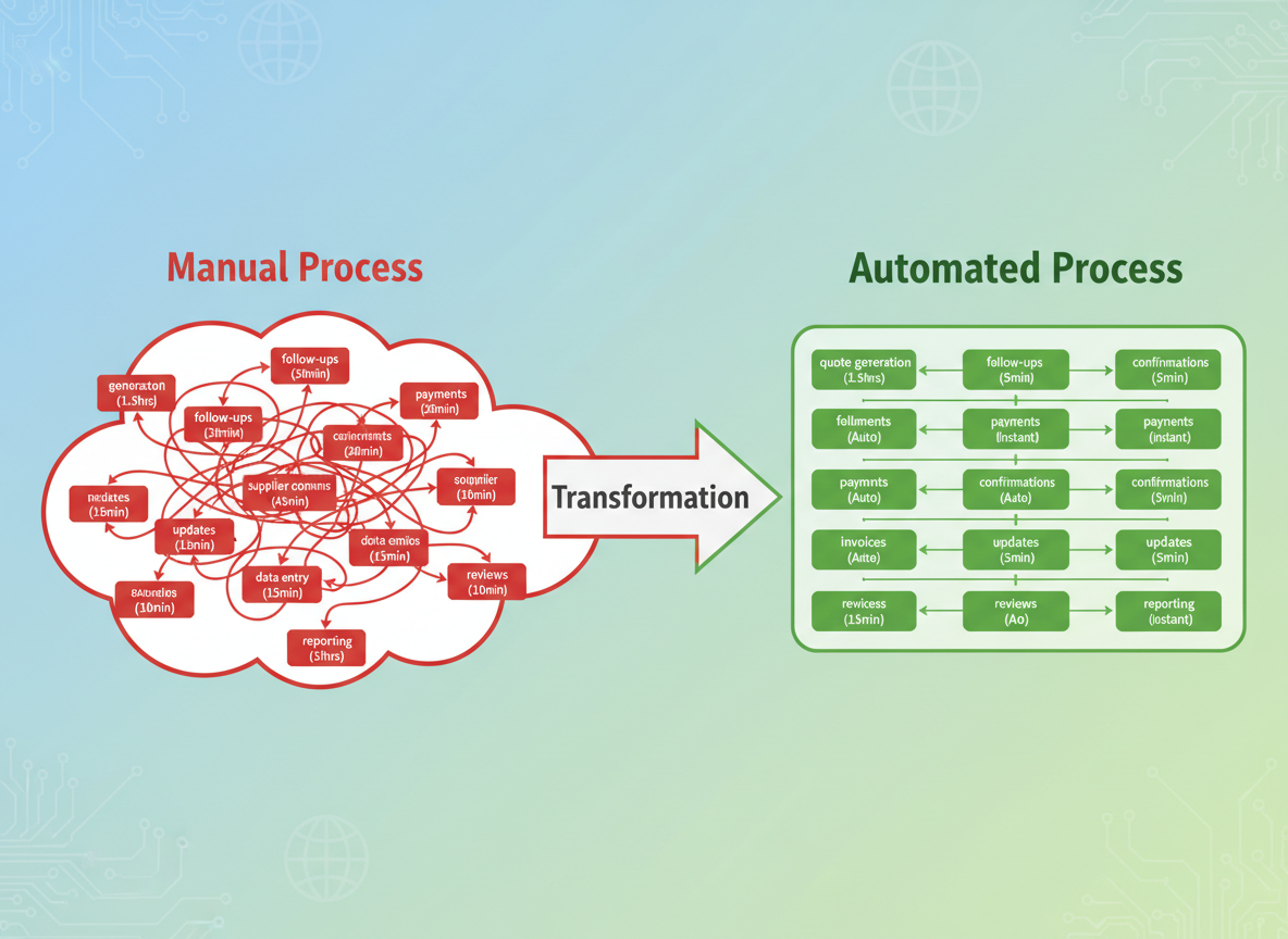 Visual diagram showing 10 common travel agency tasks that can be automated: booking confirmations, payment reminders, document delivery, follow-ups, data entry, reporting, lead assignment, supplier updates, calendar management, and review requests