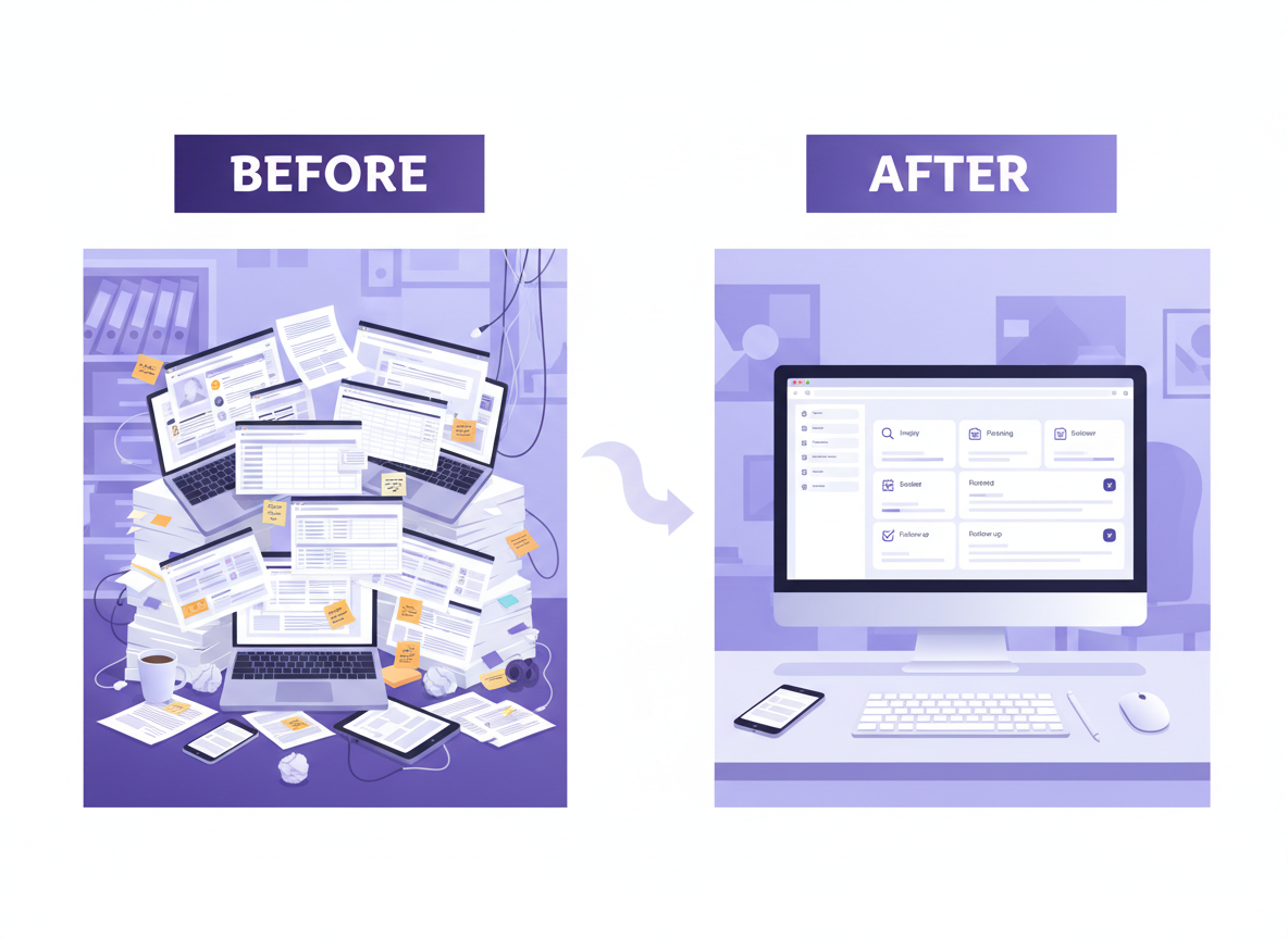 Before and after comparison - chaotic desk with multiple tools versus clean organized SimpTrav dashboard