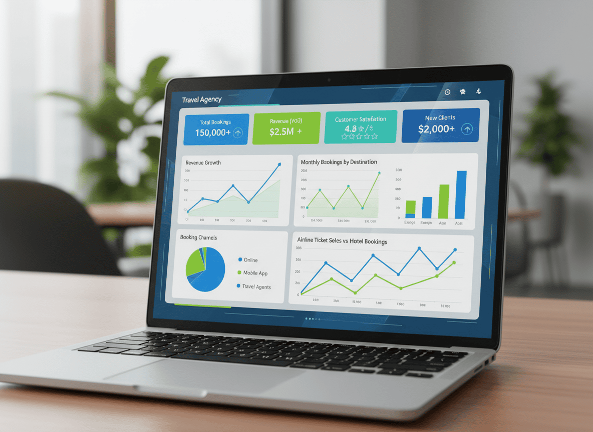 Travel agency analytics dashboard showing performance metrics