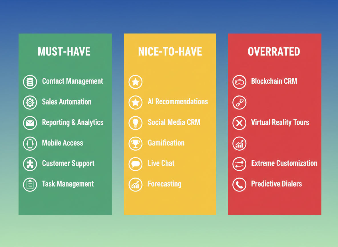 Feature comparison chart categorising CRM features into three tiers: Must-Have (green), Nice-to-Have (yellow), and Overrated (red) for travel agencies