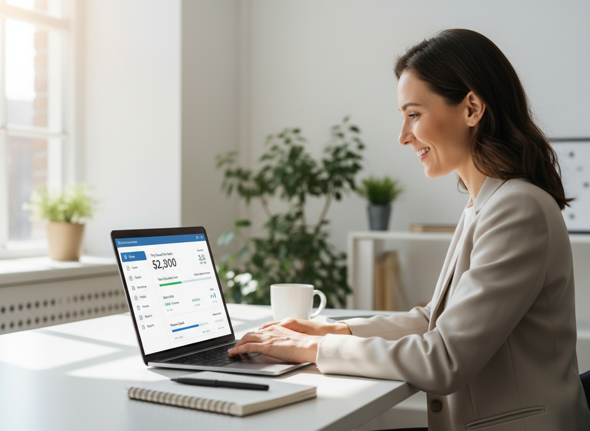 Happy travel agent working efficiently with a clean, simple CRM interface showing only the features they need