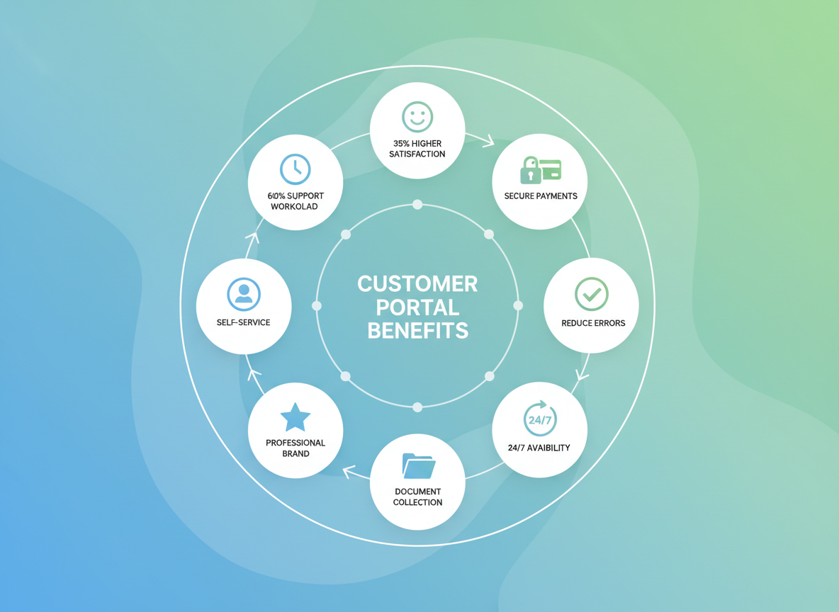 Infographic showing 8 key benefits of a travel agency customer portal: 24/7 access, reduced phone calls, faster payments, document storage, booking visibility, self-service updates, mobile access, and enhanced security