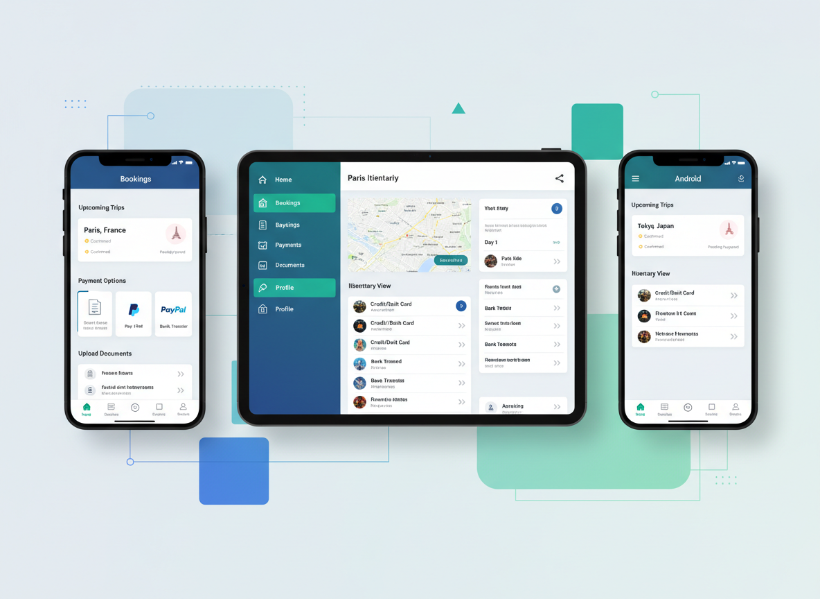 Customer portal dashboard mockup showing booking overview, upcoming trips, payment status, documents, and messaging features in a clean, modern interface