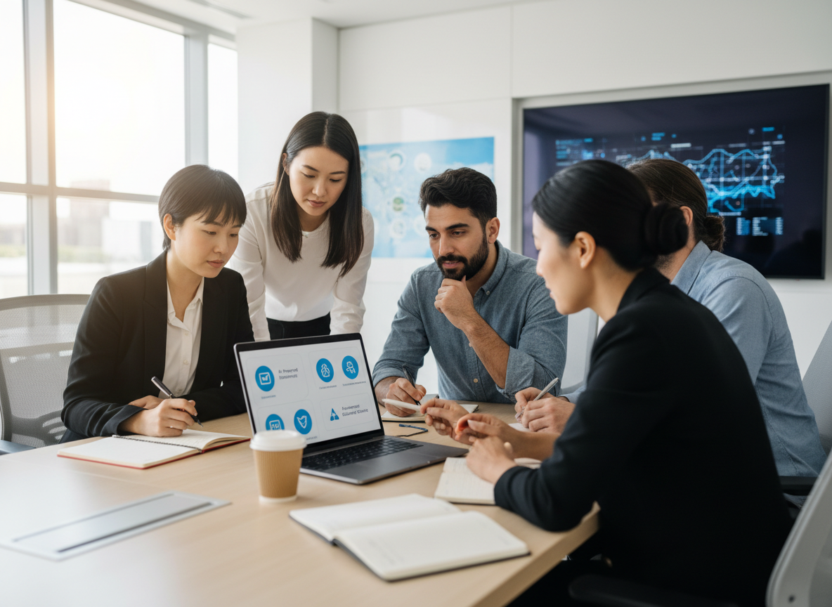 Travel agency team in a training session learning new technology tools together, demonstrating commitment to digital skills development