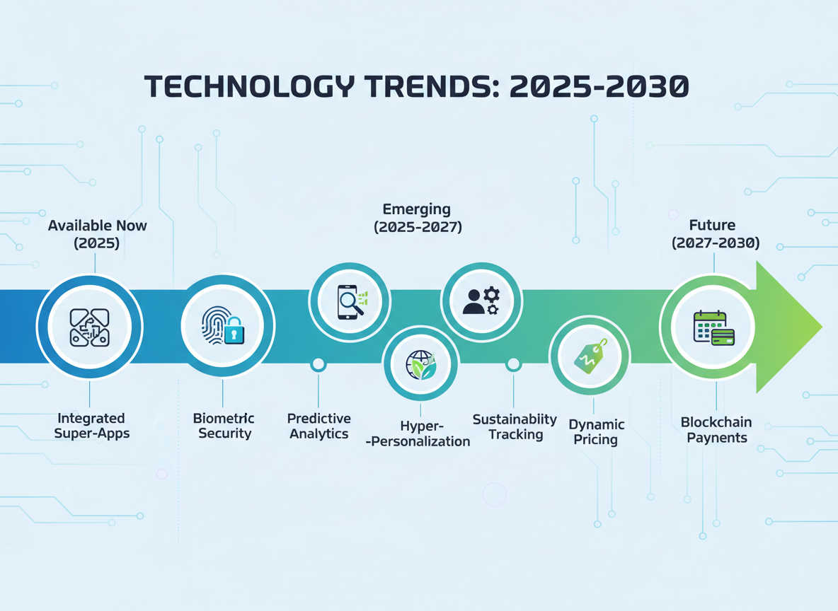 Timeline infographic showing when major travel technology trends will impact the industry, from AI assistants arriving now to immersive VR experiences expected by 2028