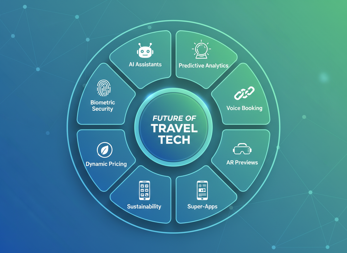 Circular overview diagram showing all 10 travel technology trends: AI Assistants, Hyper-Personalisation, Voice Booking, AR/VR Experiences, Blockchain Payments, Sustainable Tech, Biometric Travel, Predictive Analytics, Connected Devices, and Autonomous Transport