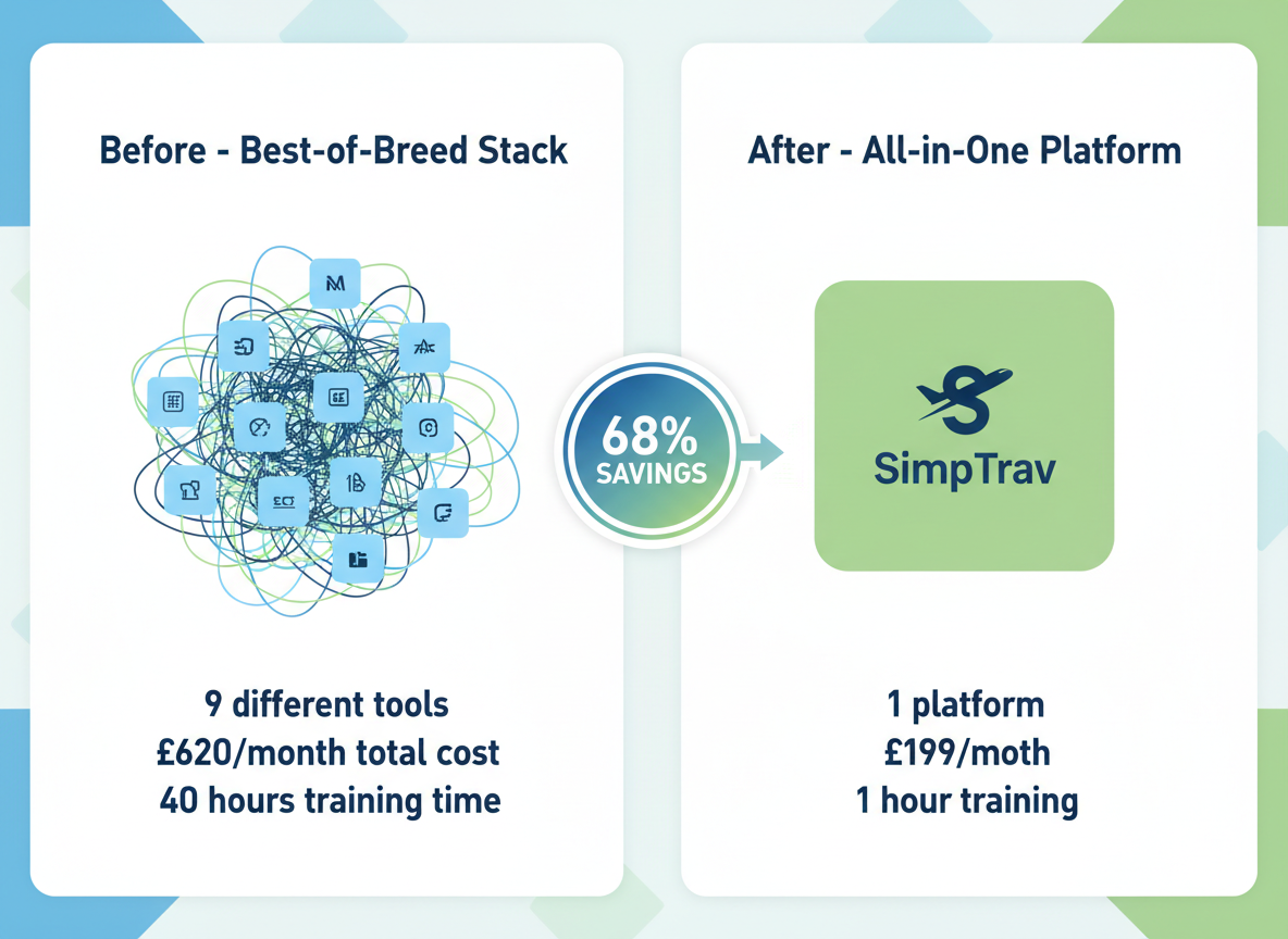 Before and after comparison showing cluttered desk with multiple screens and scattered papers transformed into clean workspace with single unified platform displaying all business data