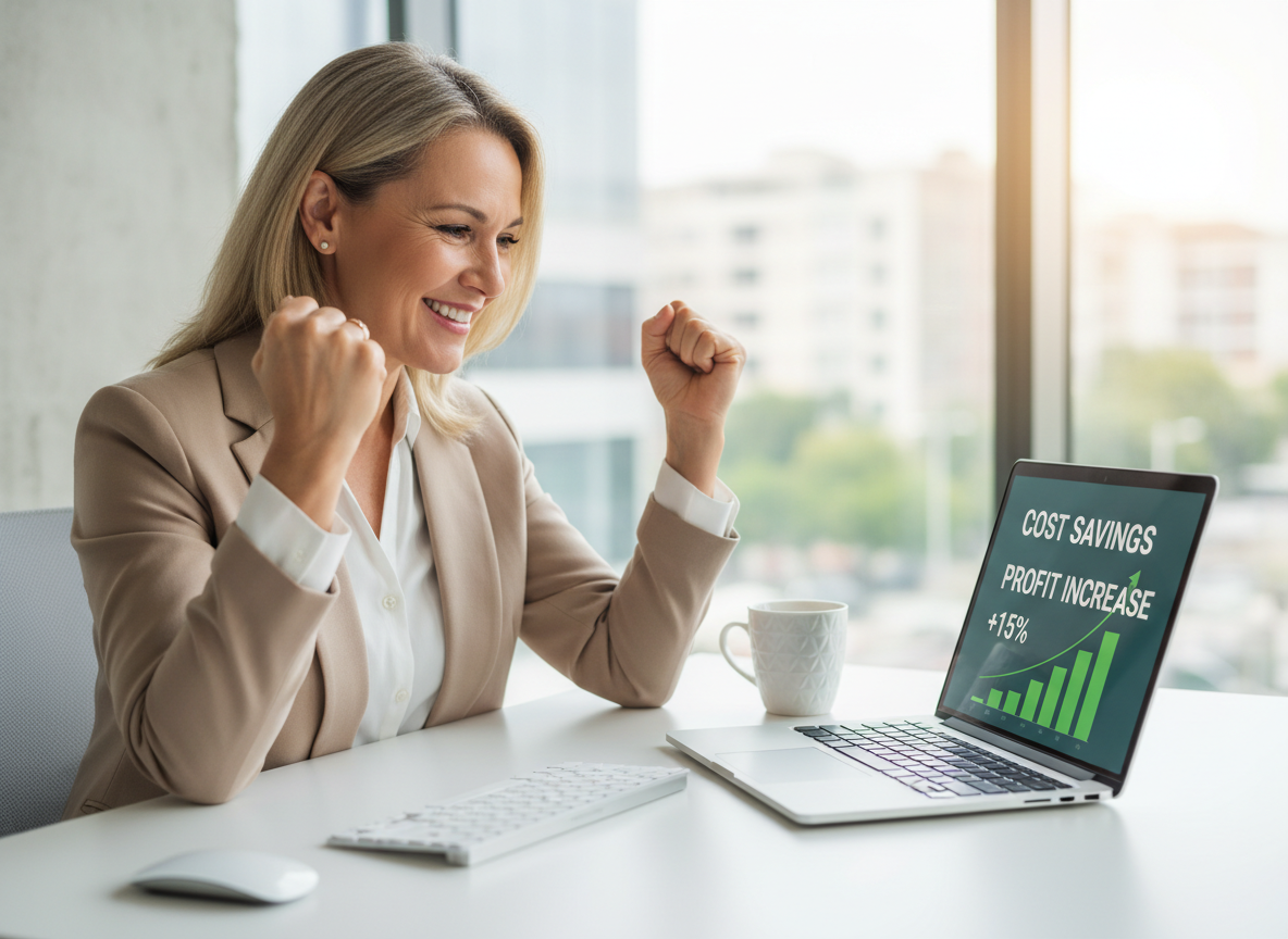 Happy travel agency team celebrating business success and growth after eliminating hidden costs and streamlining operations with unified software platform