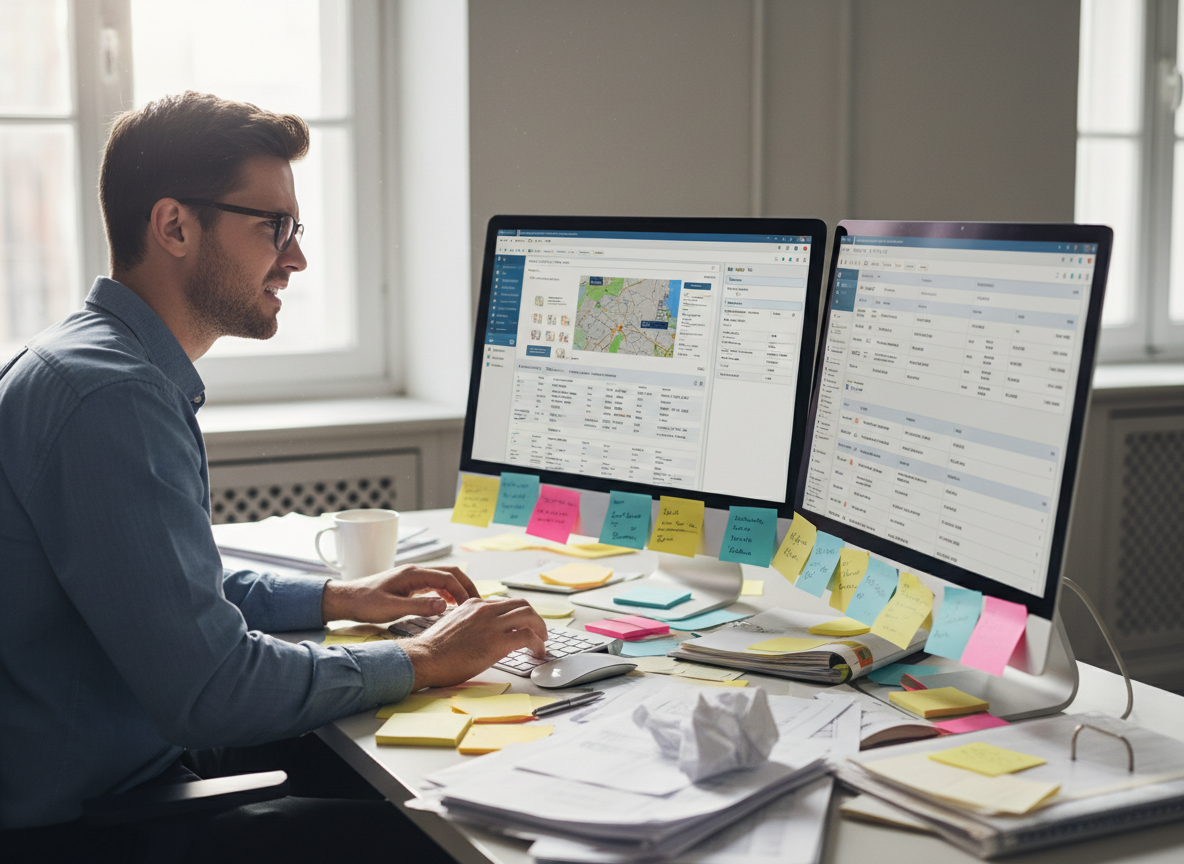 Travel agent frustrated while manually entering the same customer data into multiple disconnected software systems on their computer