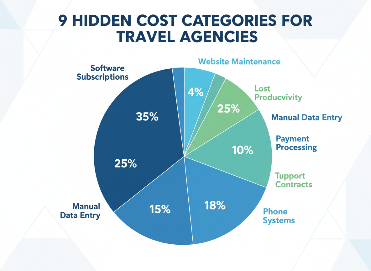 Pie chart showing breakdown of hidden costs in travel agencies: 35% duplicate data entry, 25% context switching between tools, 20% manual reporting and reconciliation, 12% integration maintenance, 8% training on multiple systems
