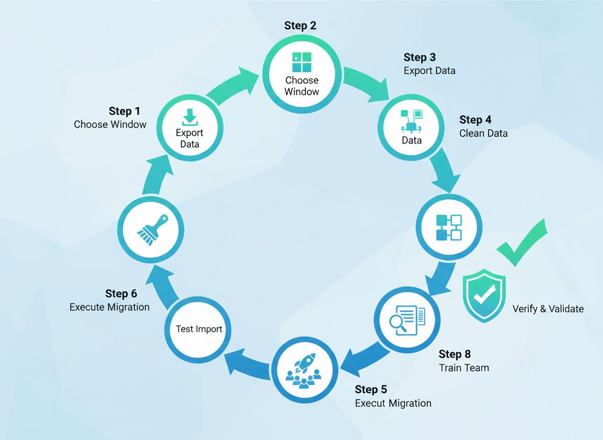 Flowchart showing 8 migration steps: Export Data, Clean and Prepare, Test Import, Verify Sample Records, Full Import, Document Migration, User Setup, Integration Configuration