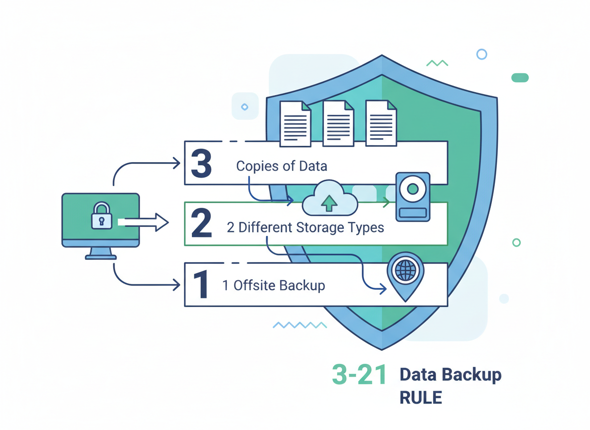 Illustration showing multiple backup copies being created: local backup, cloud backup, and exported CSV files before migration begins