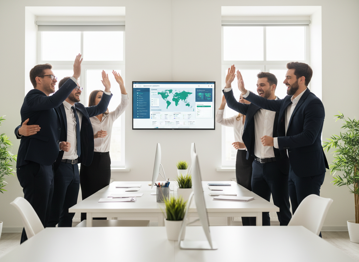 Travel agency team celebrating successful software migration with high-fives and smiles, new system running smoothly on screens behind them