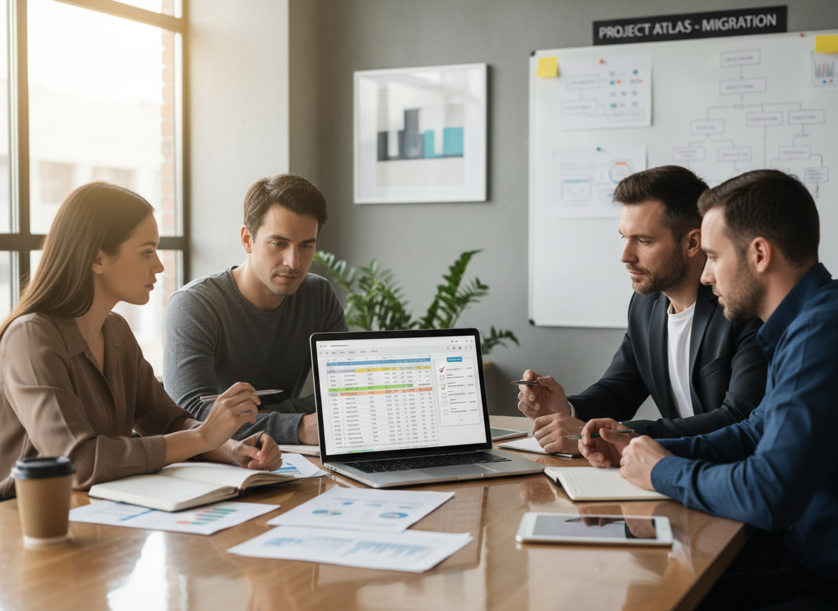 Travel agency team working together during migration, with team members verifying data on screens and coordinating the transition process