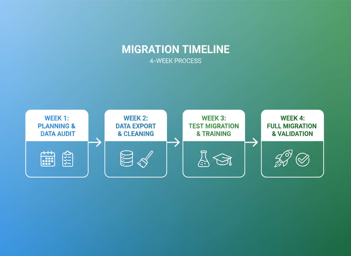 Migration timeline infographic showing 4-week process: Week 1-2 Planning and Preparation, Week 3 Data Migration and Testing, Week 4 Go-Live and Parallel Running