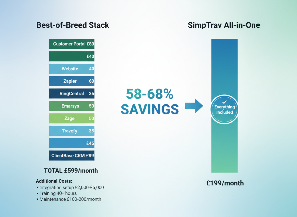 Infographic comparing the total cost of ownership between best-of-breed tools ($500+ per month for multiple subscriptions) versus all-in-one platforms ($199 per month for complete solution)