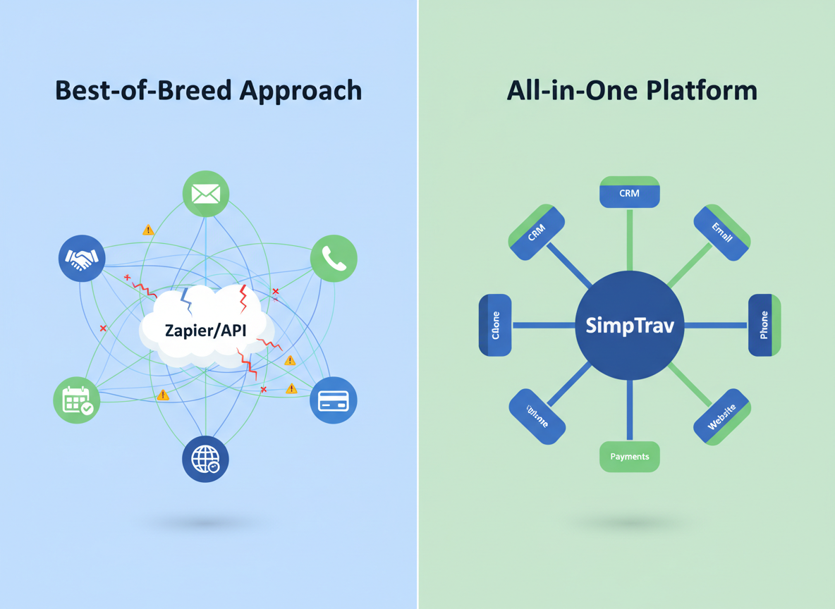 Diagram showing complex web of integrations required to connect multiple best-of-breed tools, with arrows between CRM, booking, accounting, email, and support systems