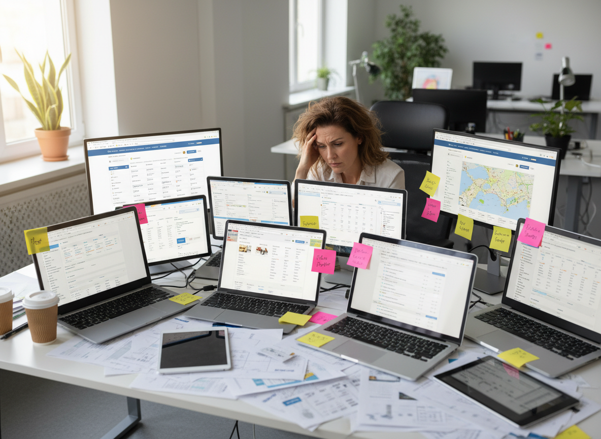 Travel agency owner overwhelmed by multiple software screens, browser tabs, and disconnected data across different platforms